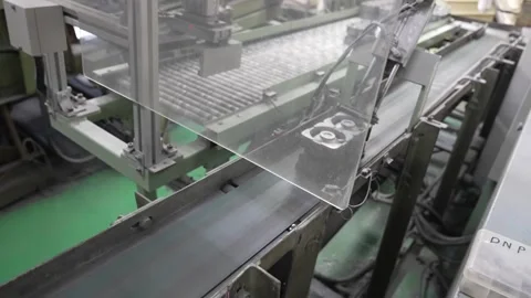 Robotic Arm Moving Clear Acrylic Tray Over Ball Production Line Stock Footage 339736678