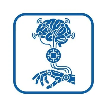 Robotic arm neural control interface with brain sensors and processor icon .. 库存插图