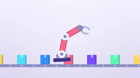 Robotic arm nodding over an endless conveyor of colorful packages seamless loop Vidéo 348702534