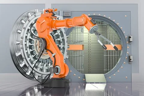 Robotic arm with opened bank vault, 3D rendering Ilustración de archivo