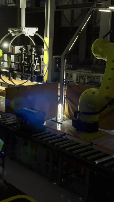 Robotic arm operates in a high tech manufacturing facility at night Stock Footage 331839688