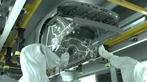 Robotic Arm Operating on Car Chassis in Smart Factory 4K Video stock 346982940