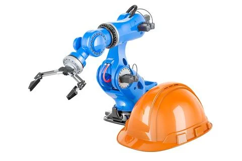 Robotic arm with orange hard hat, 3D rendering Stock Illustration