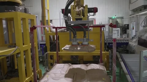 Robotic Arm Palletizing a Large Sack of Green Tea Stock Footage 340009906