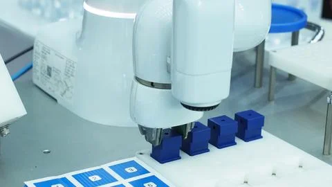 A robotic arm performing an assembly task with blue plastic components on a.. Stock Photos