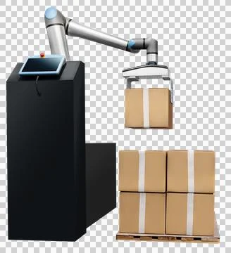 Robotic arm performs pick-and-place of boxes in distribution warehouse. Stock Photos