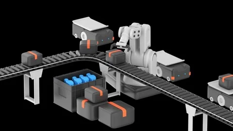 Robotic arm picking up a box from a conveyor and placing it on an AGV Stock Footage 332439650