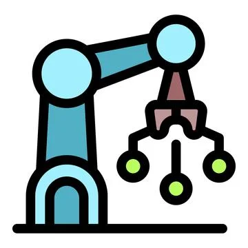 Robotic arm picking up molecular structure icon representing nanotechnology.. Stock Illustration