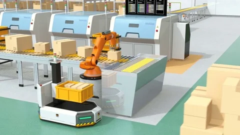 Robotic arm picking parcel from conveyor to AGV Video stock 84239807