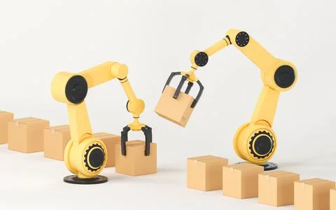The robotic arm picks up the box, 3d rendering. Stock Illustration