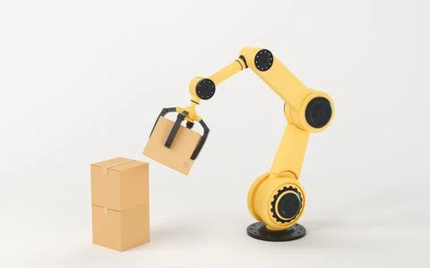 The robotic arm picks up the box, 3d rendering. Stock Illustration