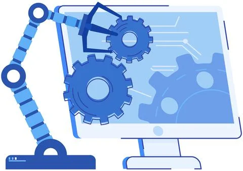 Robotic arm picks up gear. Technical production equipment, machine for factory Stock Illustration
