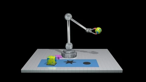 Robotic arm picks up objects, solves puzzle.3d animation with alpha matte Video stock 97556610