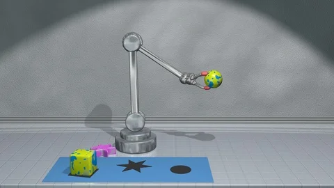 Robotic arm picks up objects, solves puzzle.Full background wall. 3d animation Stock-Footage 97556813