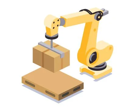 Robotic arm placing cardboard boxes onto an empty pallet. Represents automa.. Stock Illustration