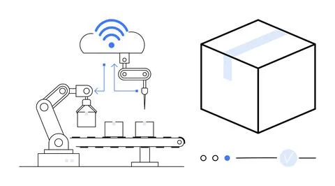 Robotic arm placing items on conveyor belt with smart cloud integration. Idea Stock Illustration