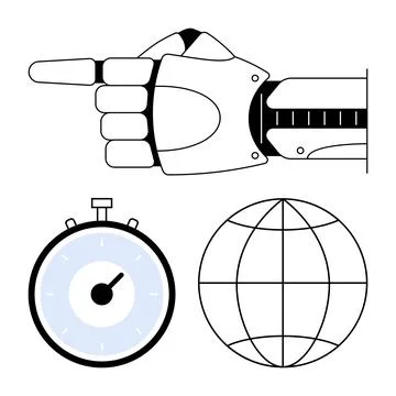 Robotic arm pointing stopwatch globe. Ideal for innovation, automation, time  Stock Illustration
