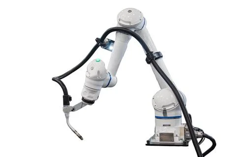 Robotic arm positioned on plain white background, showcasing clean modern d.. 스톡 사진