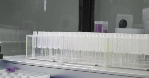 Robotic arm pours liquid into tubes, scientist tightens the cap of test tube Stock Footage 273103982