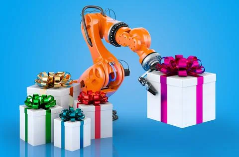Robotic arm with presents, 3D rendering Stock Illustration