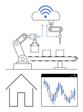Robotic arm processing items on a conveyor belt, connecting to a cloud comput Stock Illustration