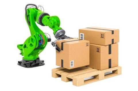 Robotic arm put cardboard box on pallet. Automatic warehouse concept. 3D rend Stock Illustration