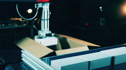 Robotic arm is relocating identical parcels into a box Stock Footage 143078003