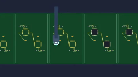 Robotic arm soldering components on a green circuit board in an animation Stock Footage 347250801