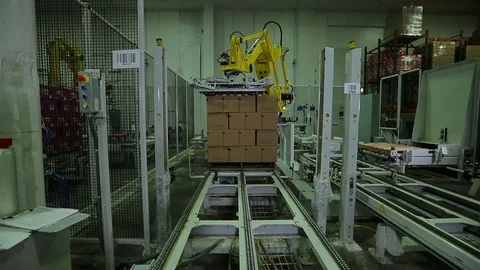 Robotic arm. Stacking boxes onto palette in factory C Stock Footage 101976266