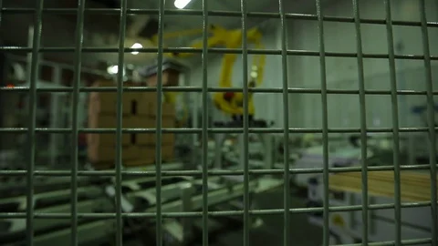 Robotic arm. Stacking boxes onto palette in factory E Stock Footage 102185739