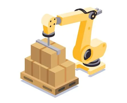 Robotic arm stacking cardboard boxes on a pallet. Concept of automation in .. Stock Illustration