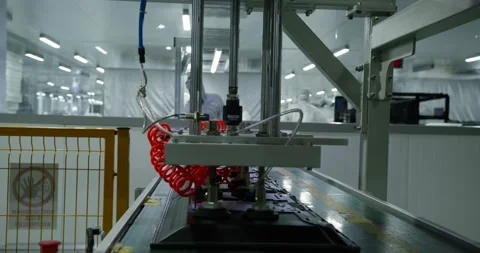 A robotic arm stacks computer monitors on a conveyor belt. A large workshop for Stock Footage 271079524