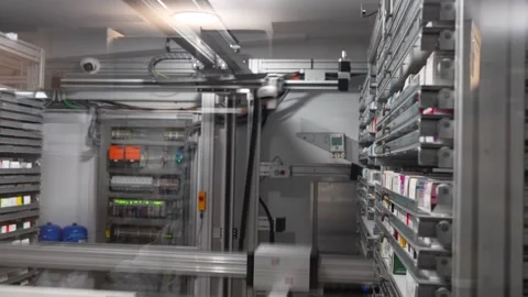 Robotic arm storing and dispensing medicine in an automated pharmacy Stock Footage 336358866