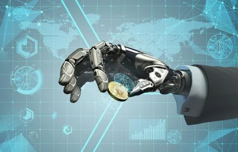 Robotic arm taking bitcoin against digital hud background. Artificial intelli Stock Illustration
