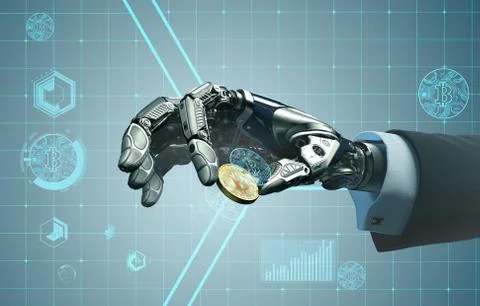 Robotic arm taking bitcoin against digital hud background. Artificial intelli Stock Illustration