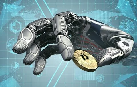 Robotic arm taking bitcoin against digital hud background. Artificial intelli Stock Illustration
