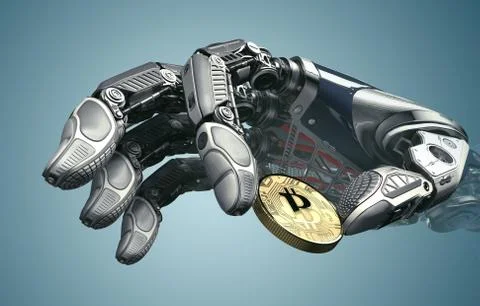 Robotic arm taking bitcoin against digital hud background. Artificial intelli Stock Illustration