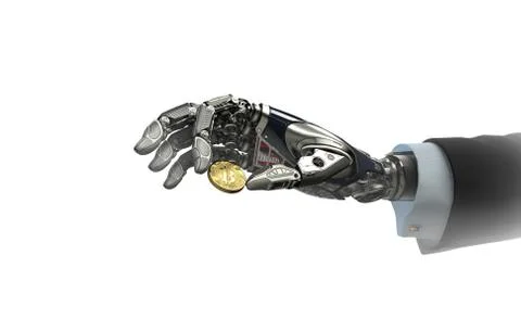 Robotic arm taking bitcoin against digital hud background. Artificial intelli Stock Illustration