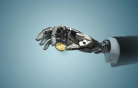 Robotic arm taking bitcoin against digital hud background. Artificial intelli Stock Illustration