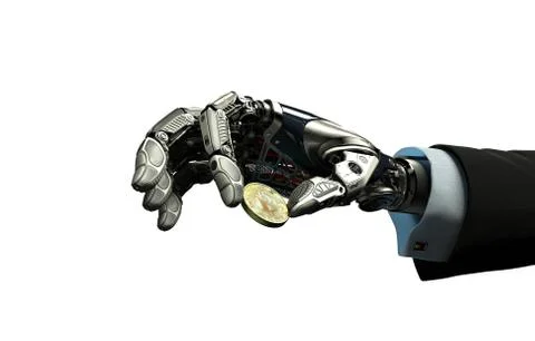 Robotic arm taking bitcoin isolated on white background. Artificial intellige Stock Illustration