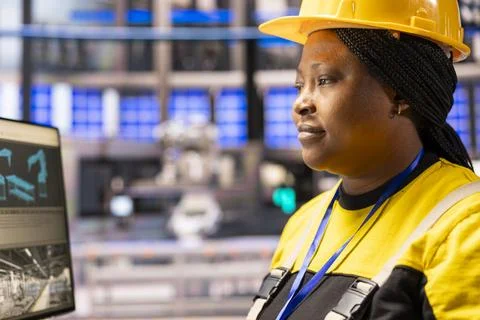 Robotic Arm Technician Managing Maintenance in Smart Factory with Desktop PC Stock Photos