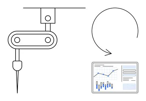 Robotic arm tool interacting with data analytics on a computer screen alongsi Illustrazione stock