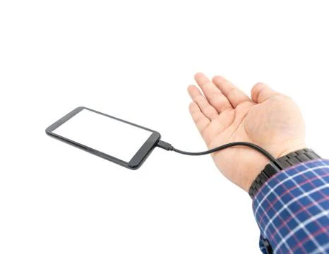 Robotic arm transfering data form a cellphone concept Foto stock