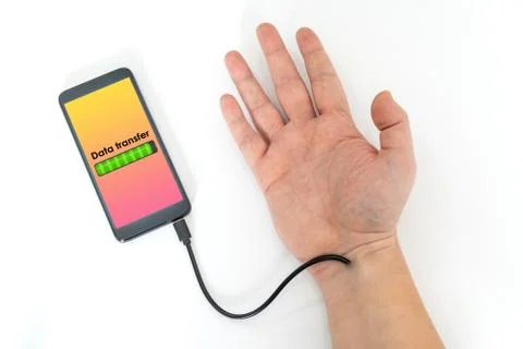 Robotic arm transfering data form a cellphone concept Stock Photos