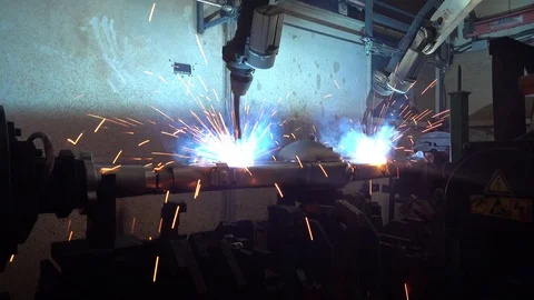 Robotic Arm Welding Machine automotive industrial part in factory Stock Footage 109449791