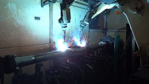 Robotic Arm Welding Machine automotive industrial part in factory Stock Footage 109451115