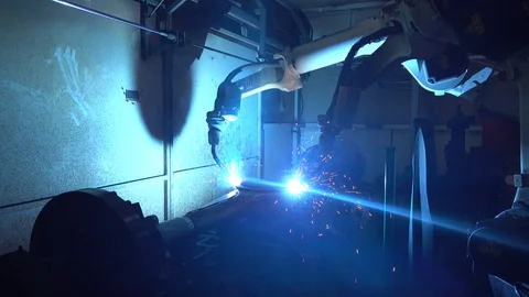 Robotic Arm Welding Machine Technology for manufacturing Stock Footage 111328907