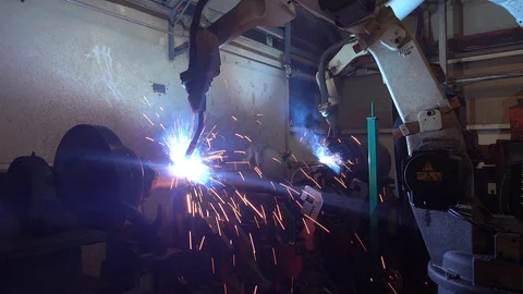 Robotic Arm Welding Machine Technology for manufacturing Stock Footage 111328986