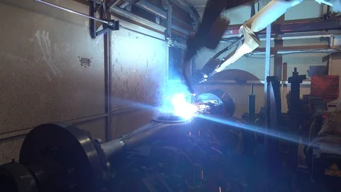 Robotic Arm Welding Machine Technology for manufacturing automotive industrial Stock Footage 112389836