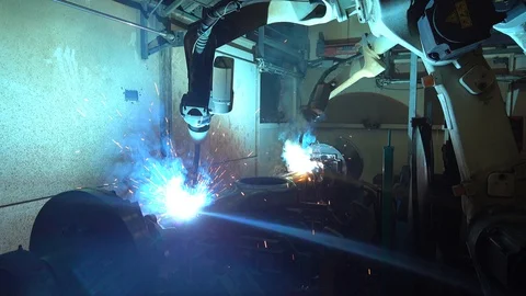 Robotic Arm Welding Machine Technology for manufacturing automotive industrial Stock-Footage 112396890